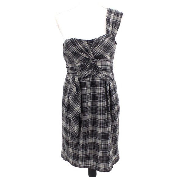 Nanette Lepore Dresses & Skirts - New Nanette Lepore Plaid One Shoulder Plaid Mini Dress Knotted Waist Black 4